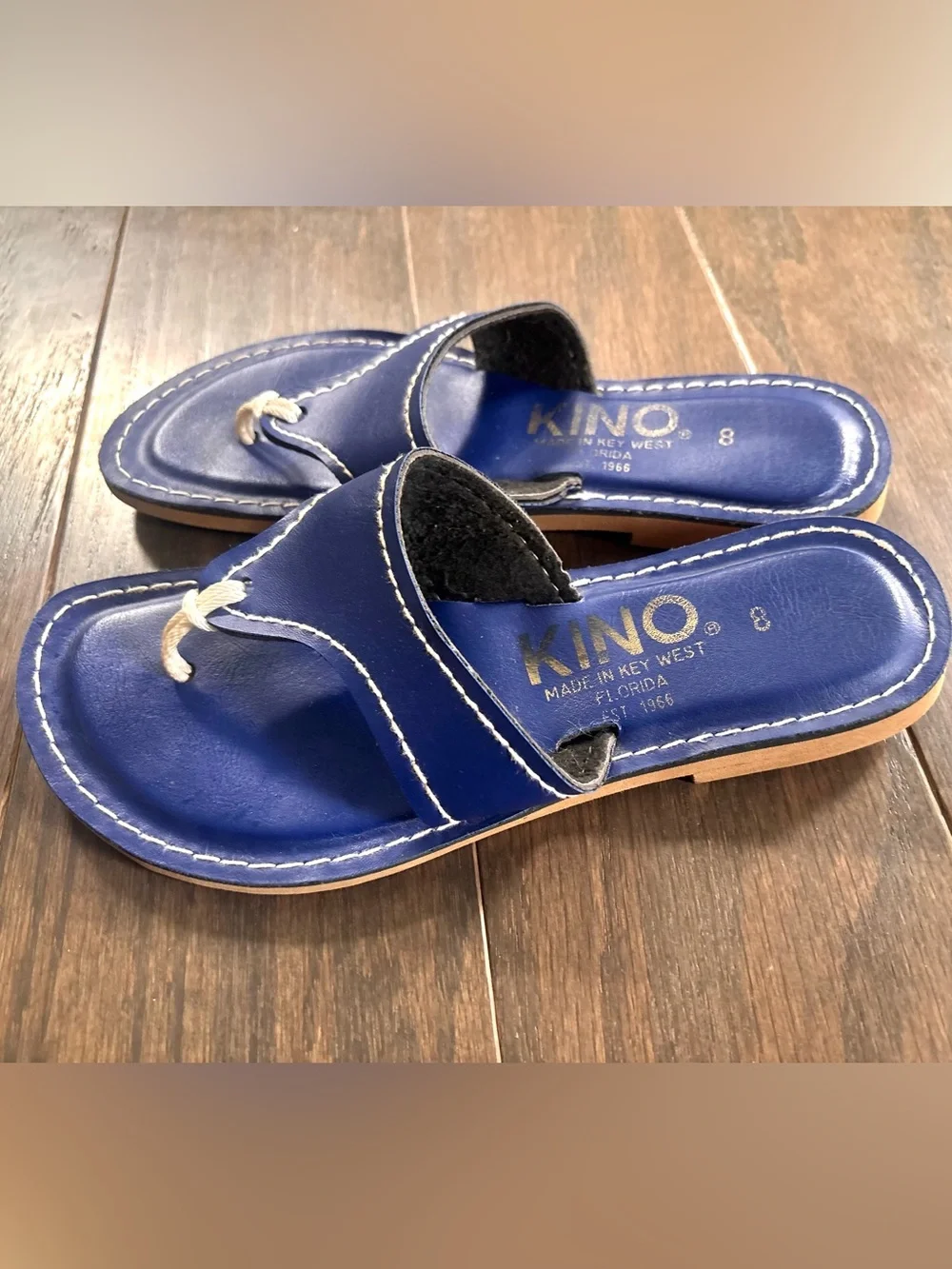 Kino Blue Leather Thong Flip Flop Sandals- Made in Key West USA- Size 8